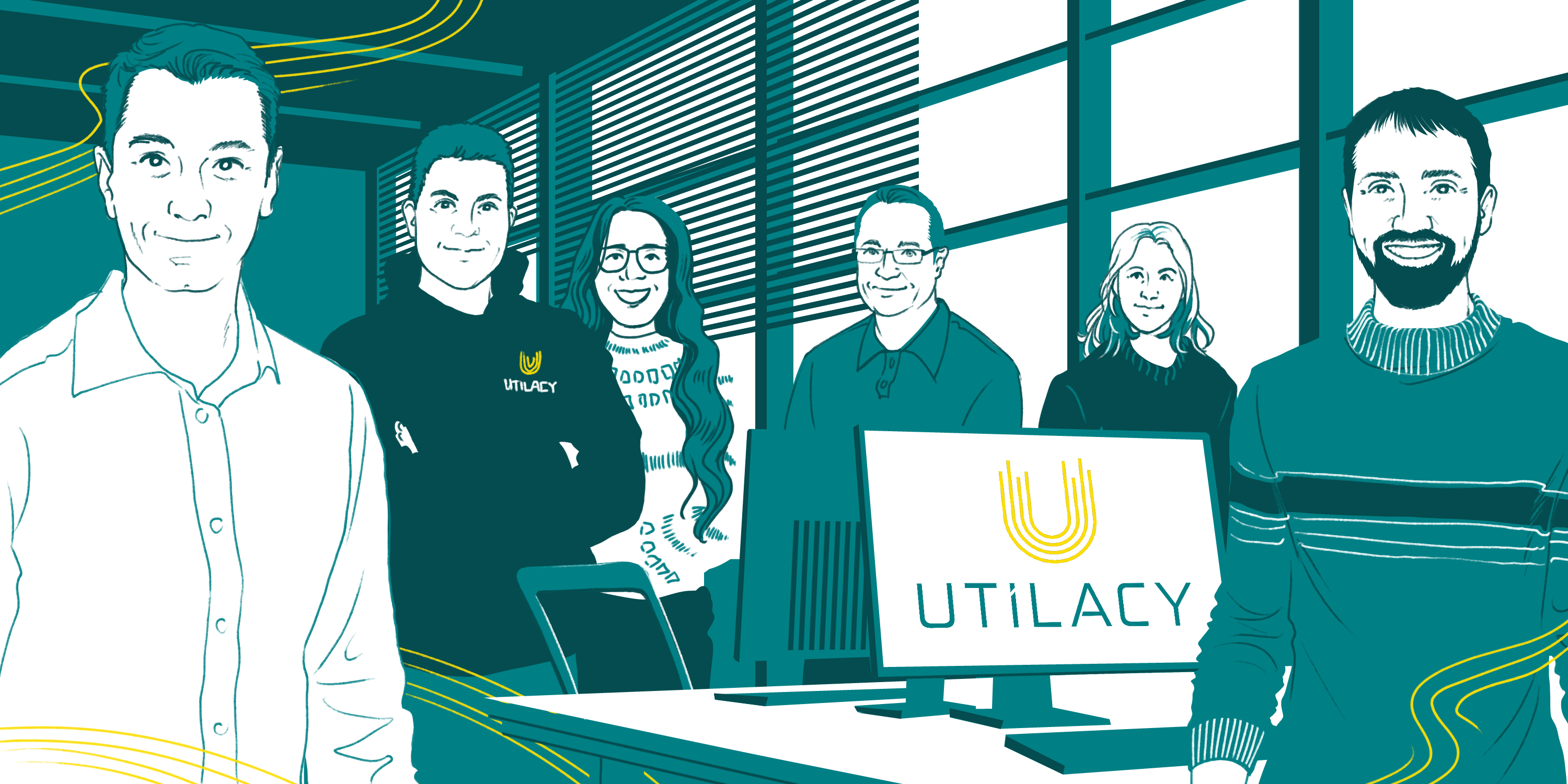 Illustration of the utilacy team in an office, in teal, white, and yellow